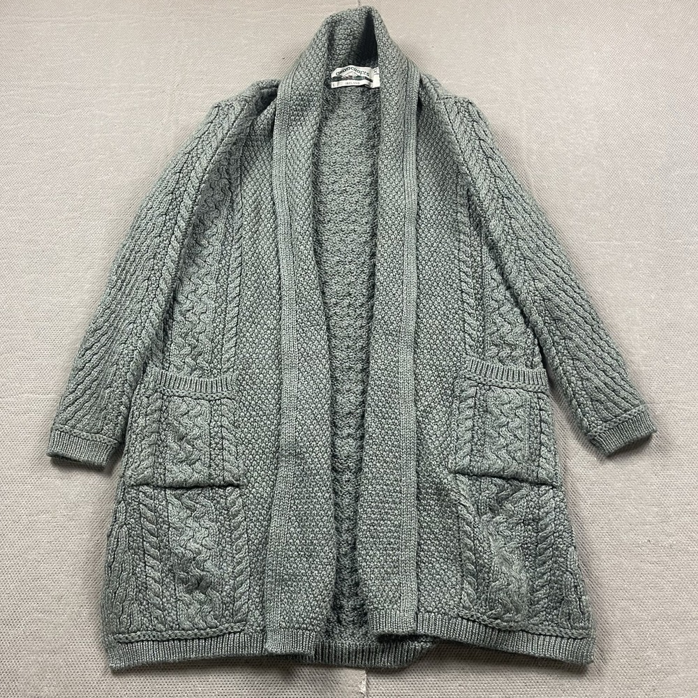 Aran Crafts Womens XS Cardigan Long Sweater Cable Knit Merino Wool Gray Green